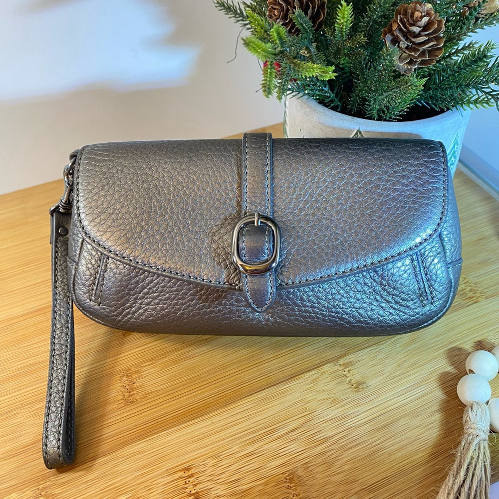 Talbots Wristlet Bag Purse Pebbled Real Leather Pewter Gray Pockets 8" X 4" X 2"